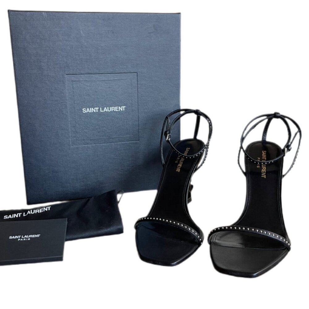 Saint Laurent Opyum 85 YSL Logo Open-Toe Heels Black Leather Tiny Studs SZ 39.5 - Picture 10 of 16